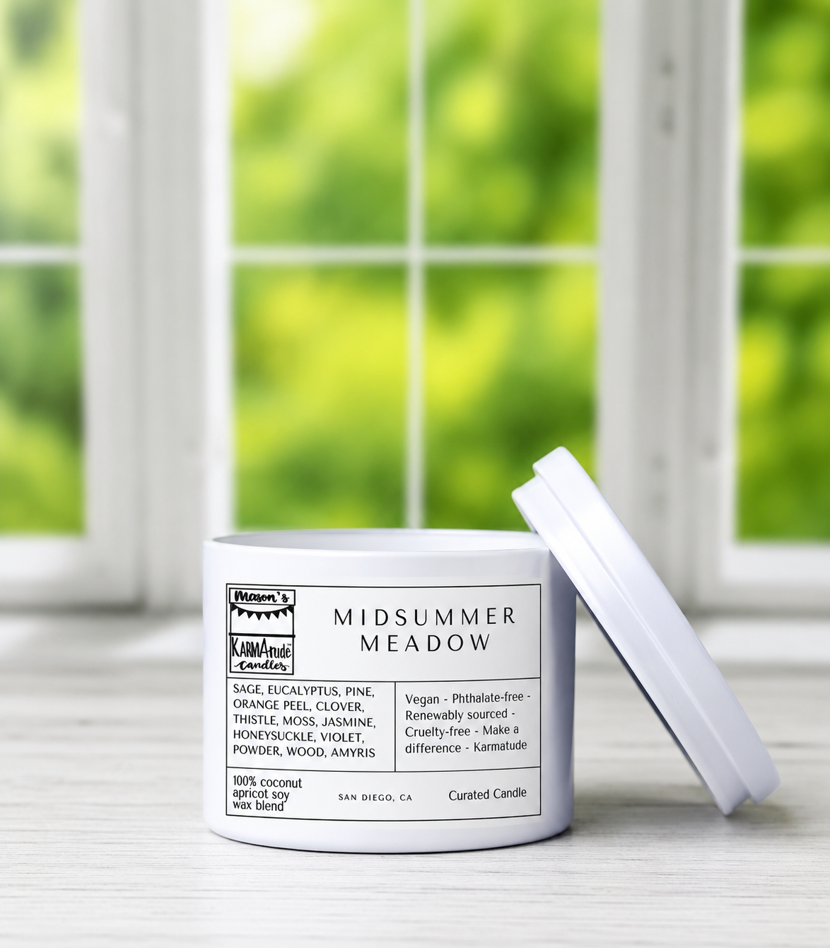 Midsummer Meadow 8oz candle in white tin with lid