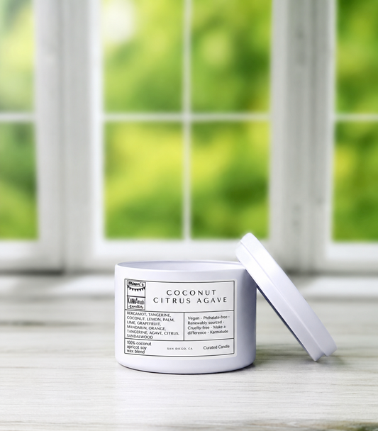 Coconut Citrus Agave 8 oz candle in white tin with lid
