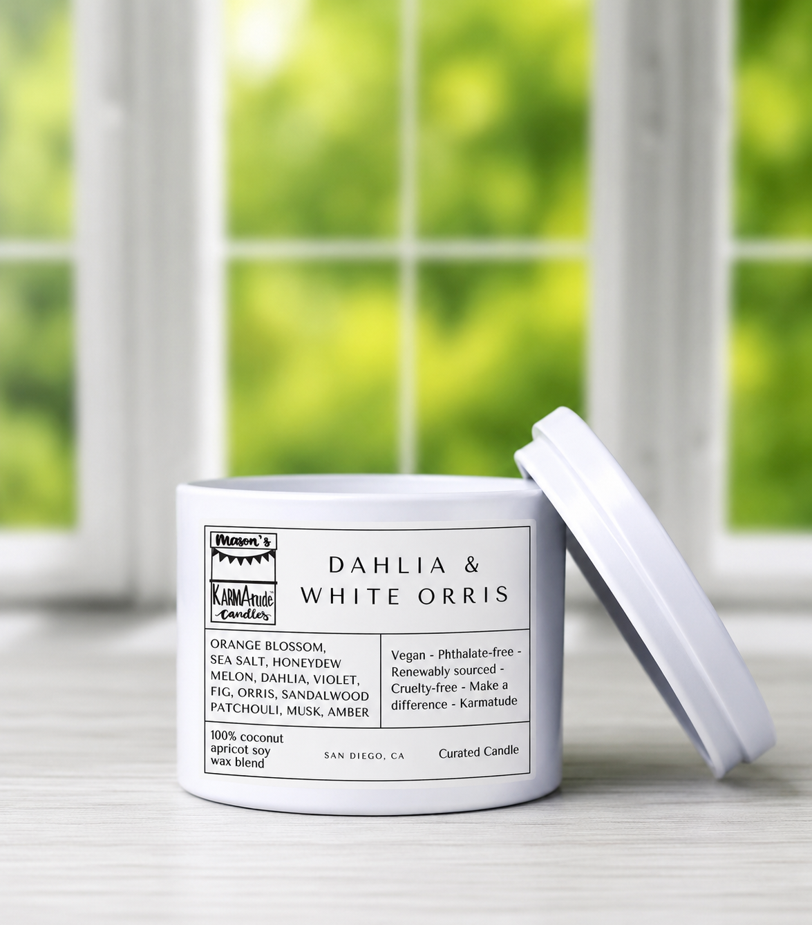 Dahlia & White Orris 8 oz candle in white tin with lid