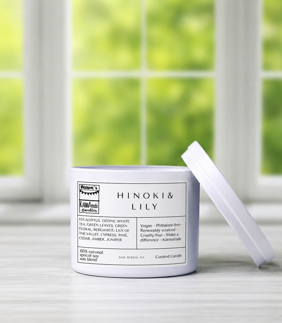 Hinoki & Lily 8 oz candle in white tin with lid