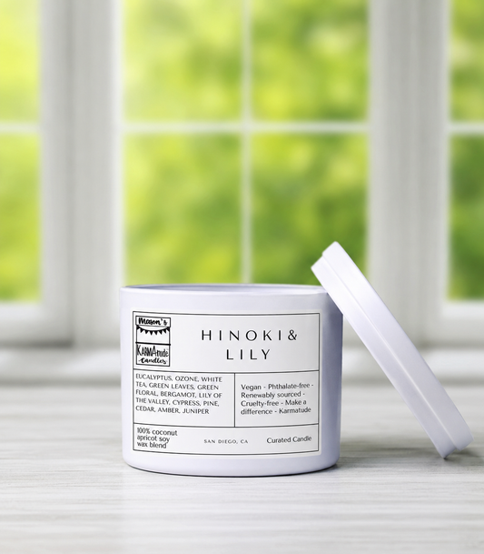 Hinoki & Lily 8 oz candle in white tin with lid