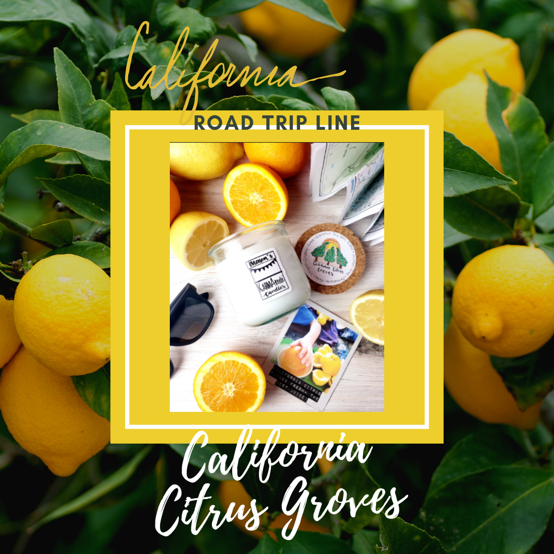 Photo of California Citrus Groves Karmatude candle in clear glass jar with cork lid surrounded by citrus, map and sunglasses.