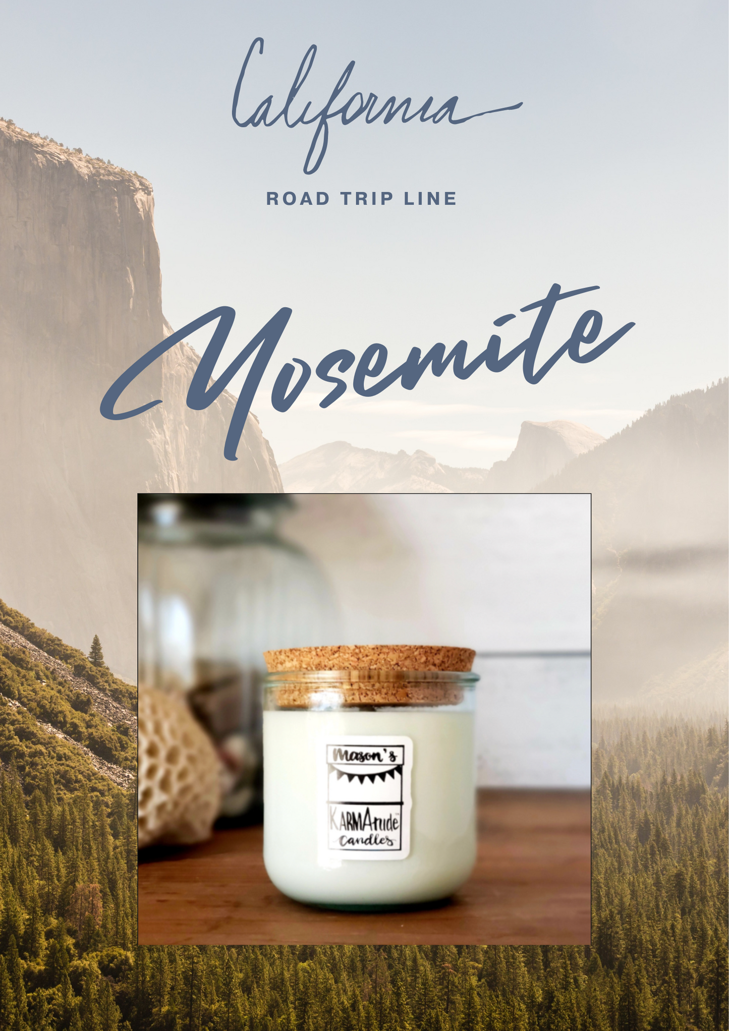 Photo of Yosemite Karmatude candle in clear glass jar with cork lid surrounded by Yosemite mountains and trees.