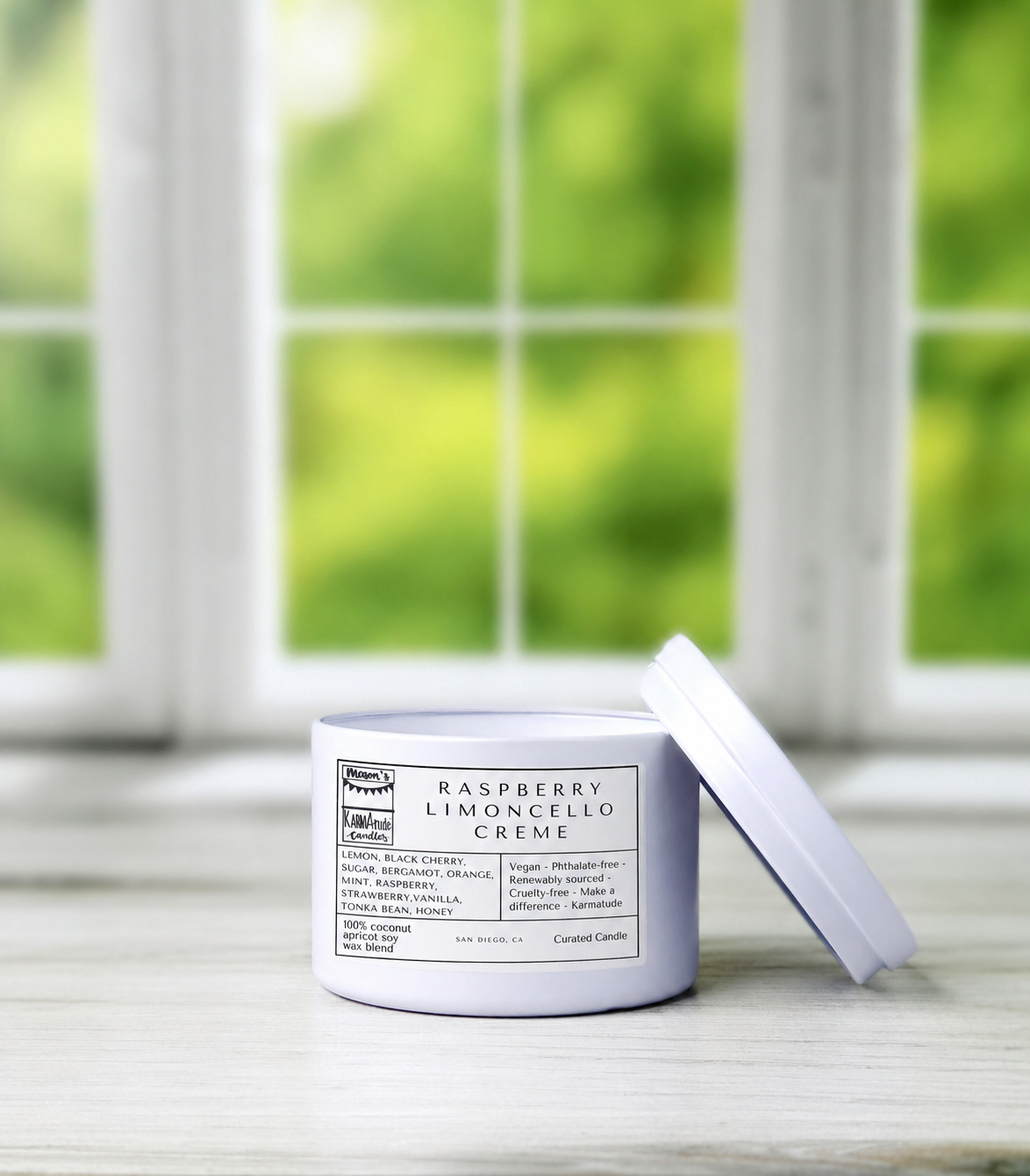 Raspberry Limoncello Creme 8 oz candle in white tin with lid