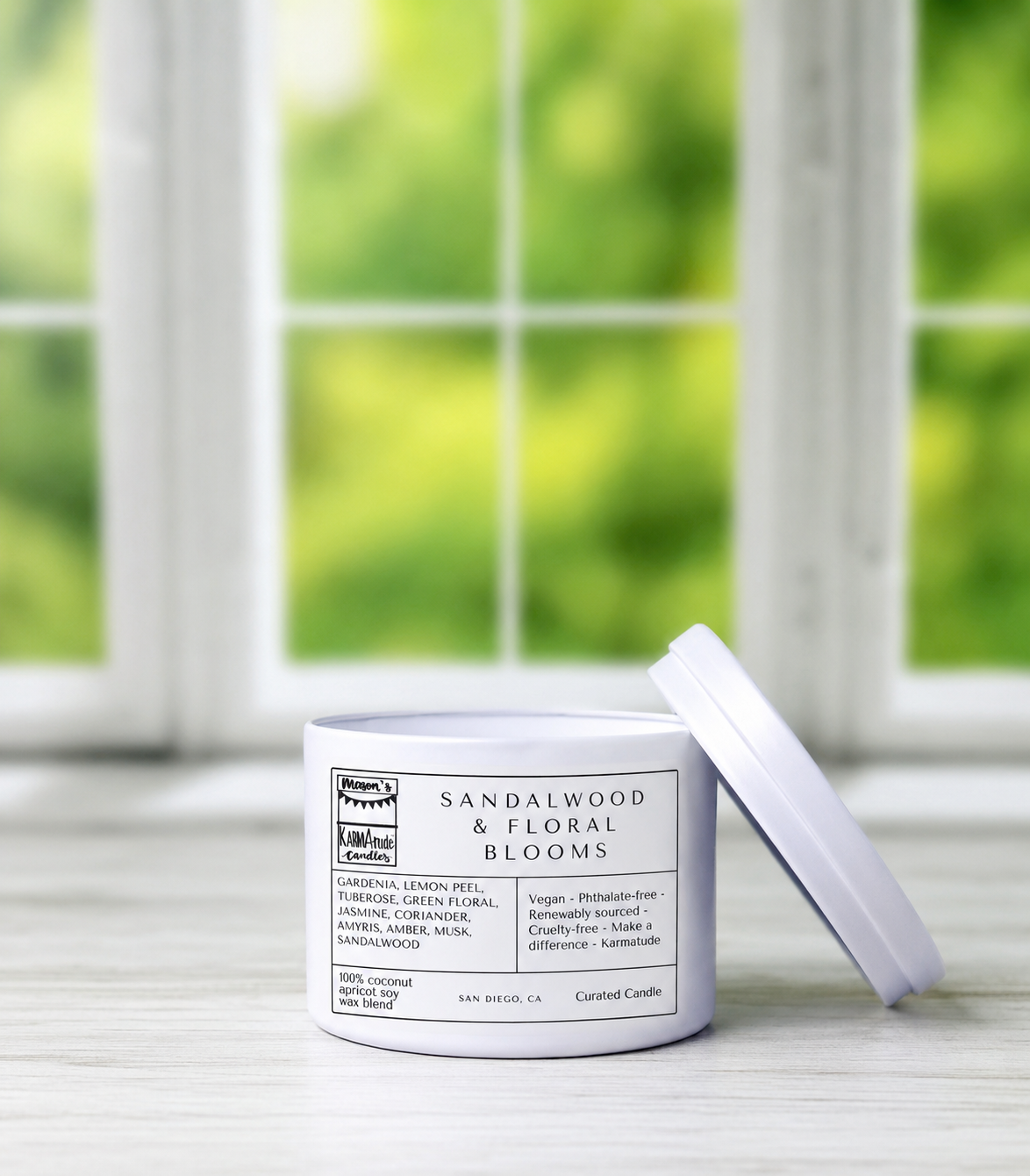 Sandalwood and Floral Blooms 8 oz candle in white tin with lid