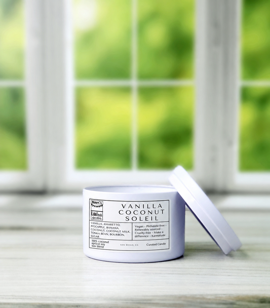 Vanilla Coconut Soleil 8 oz candle in white tin with lid