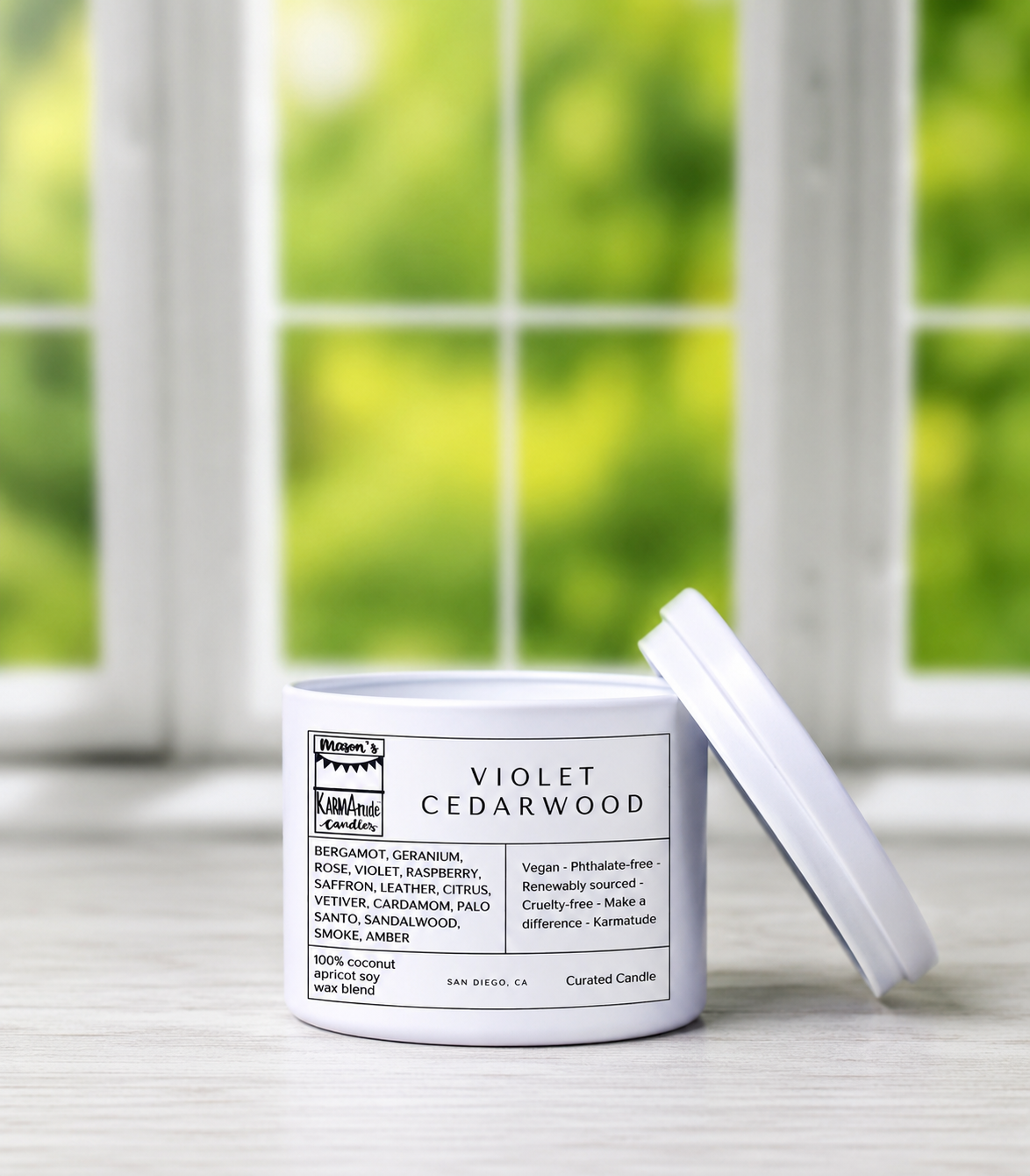 Violet Cedarwood 8 oz candle in white tin with lid